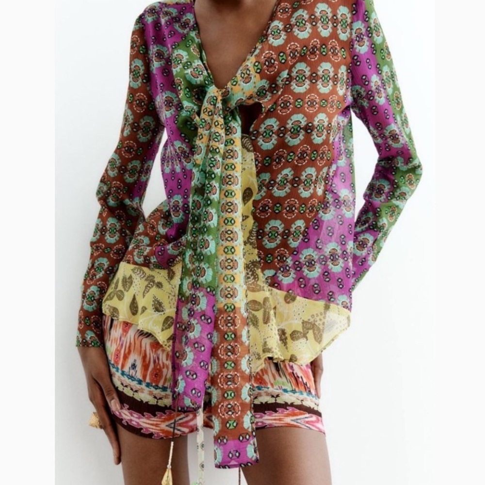 Zara Multicolor Boho Patchwork Blouse NWT size XL  with bow & beaded detail - Picture 6 of 16